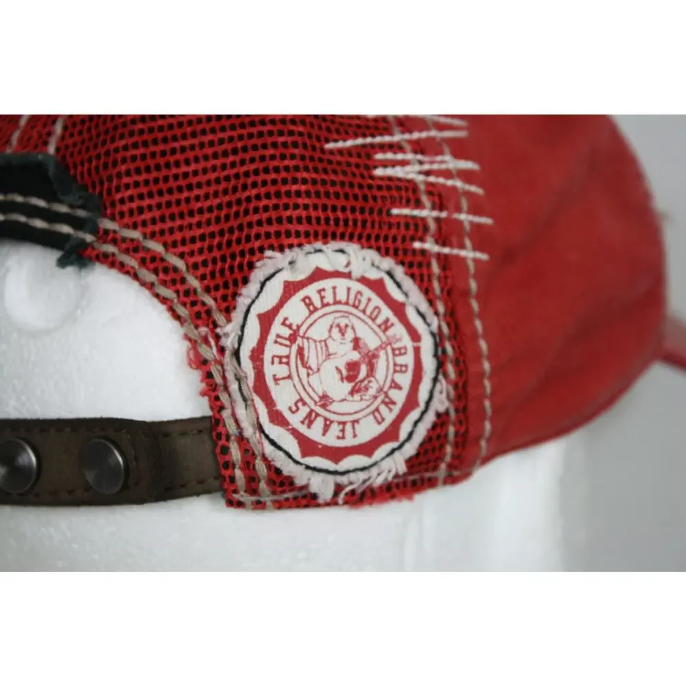 True Religion Hat Mens OSFA Red Distressed Trucker Cap Y2K Buddha Logo